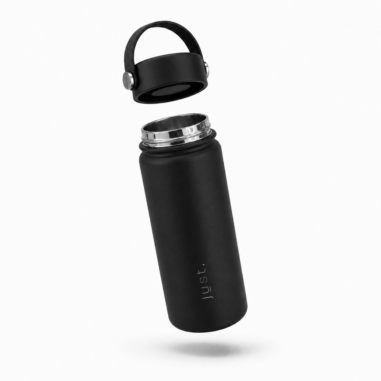 Black 550ml stainless steel water bottle from Just Bottle with lid above the bottle