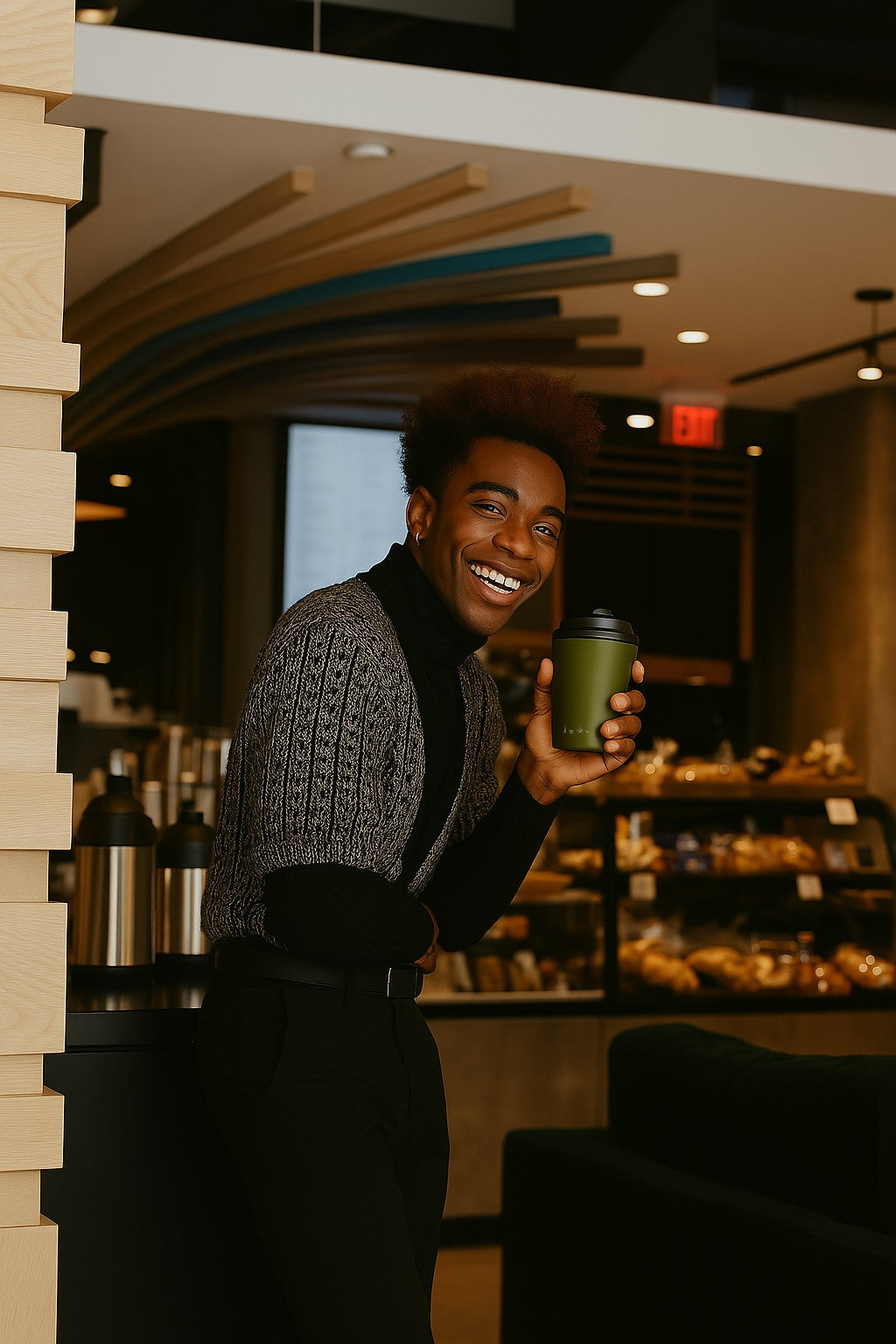 man holding a green reusable coffee cup - stainless steel and BPA Free