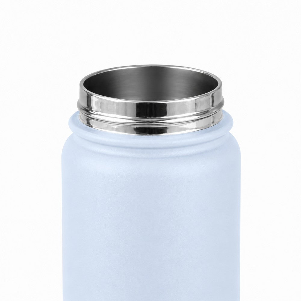 Close up of leakproof stainless steel water bottle neck in light blue