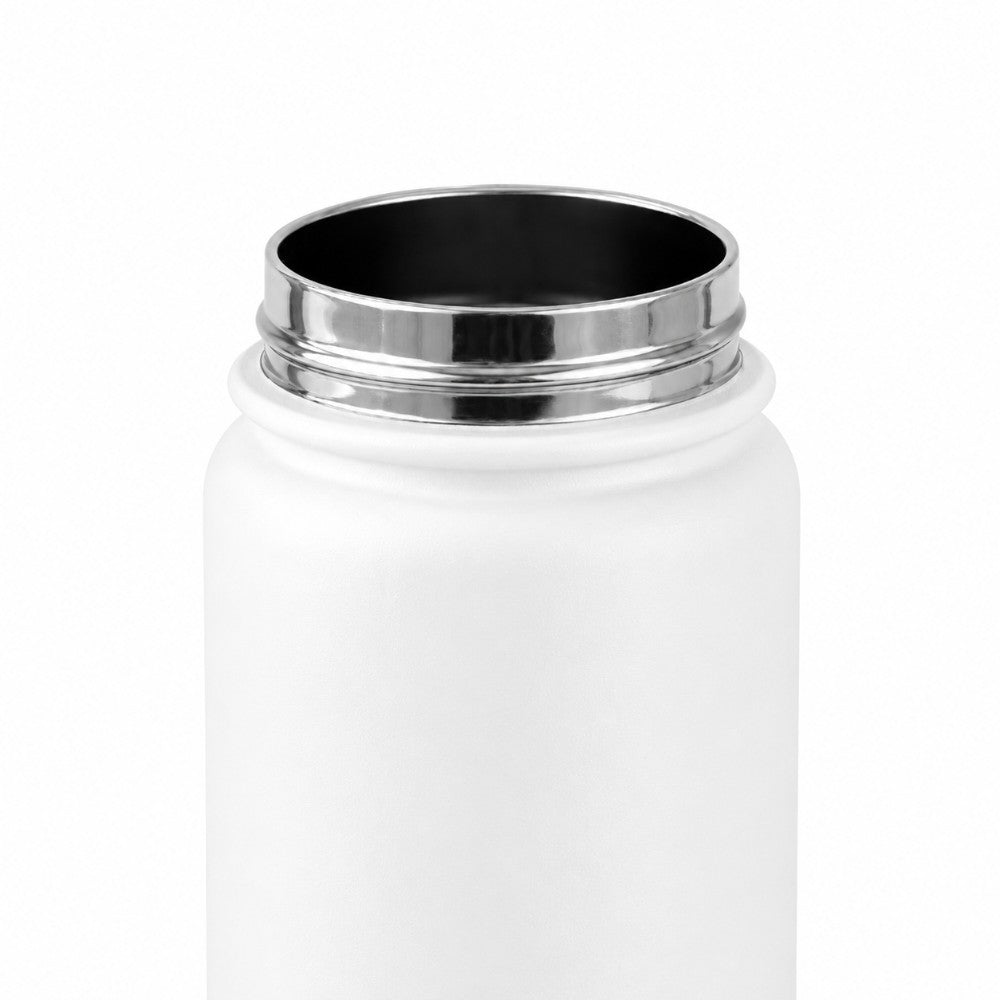 Close up of leakproof stainless steel water bottle neck in white