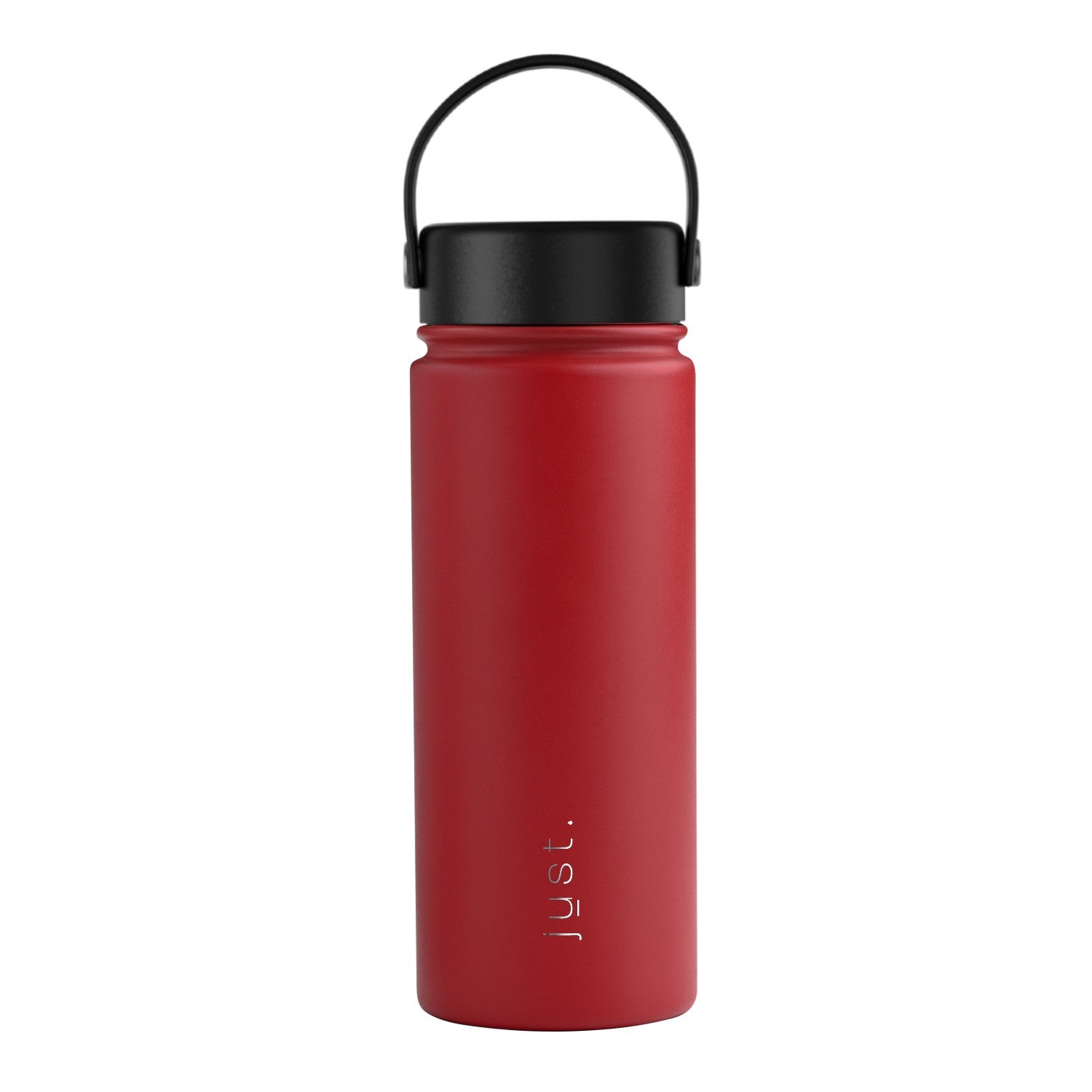 Red water bottle with black lid on a white background