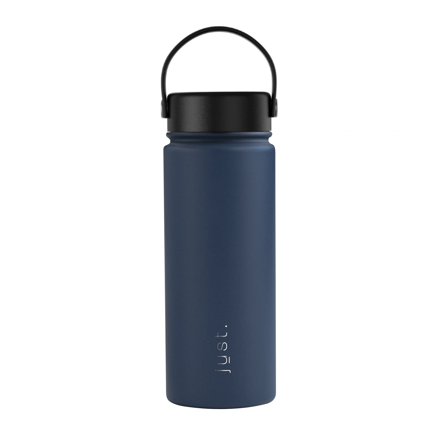 Navy blue water bottle with black lid on a white background