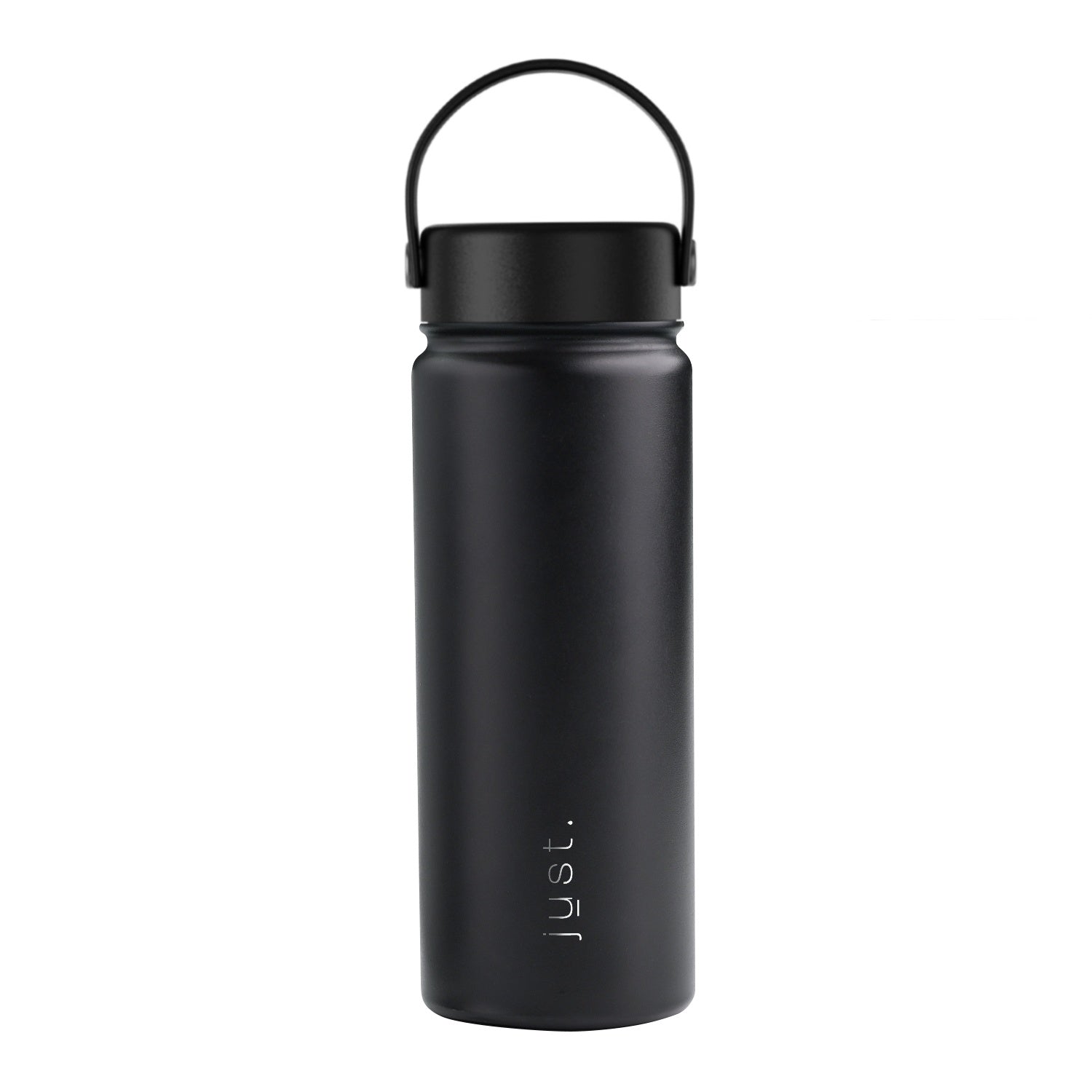 Black water bottle with 'just' branding on a white background