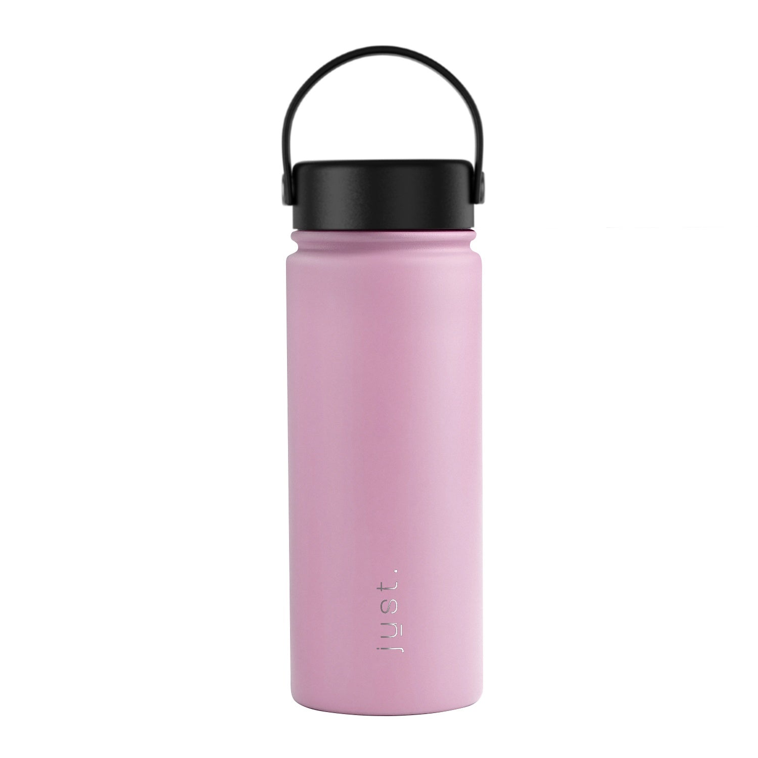 Pink water bottle with black lid on a white background