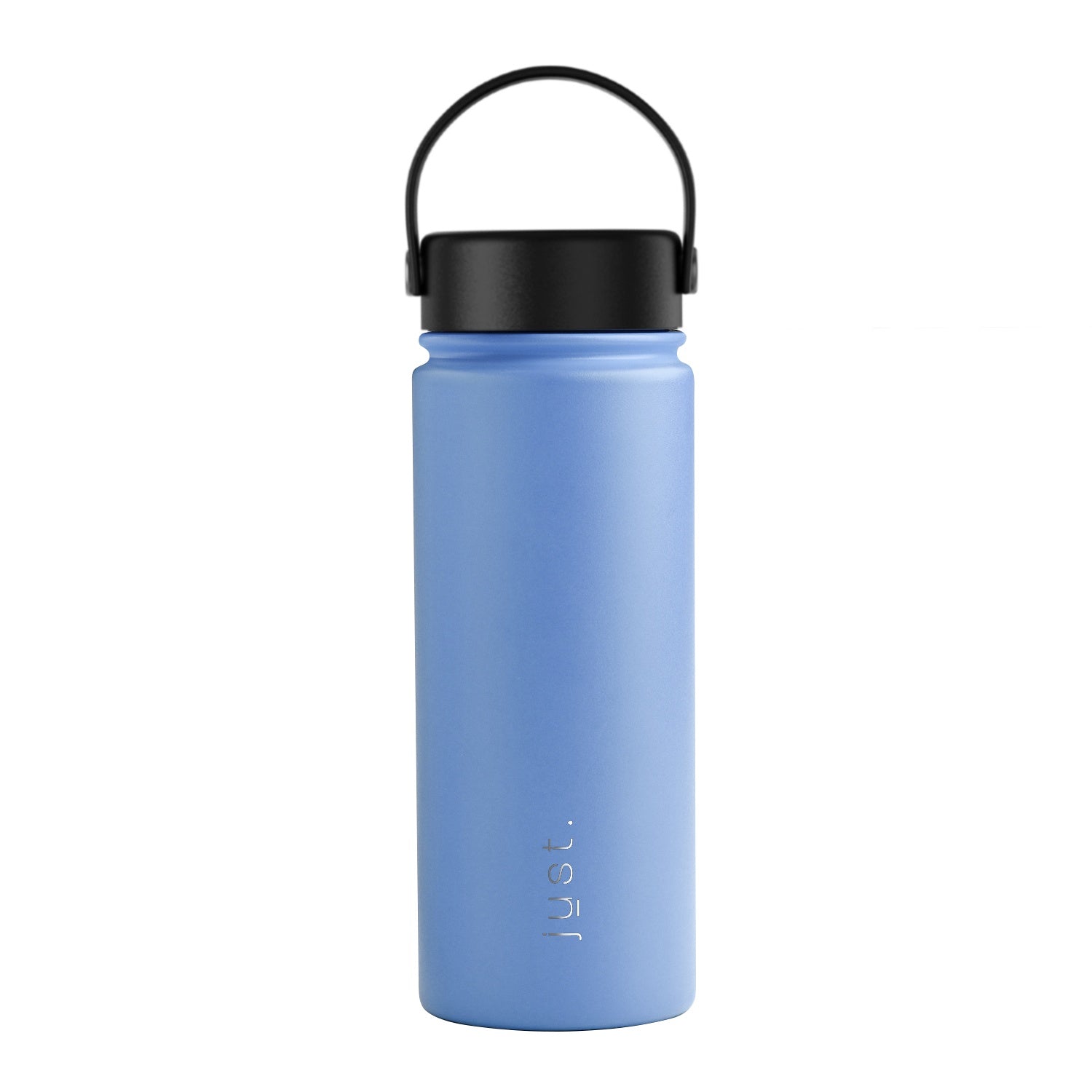 Blue water bottle with black lid on a white background