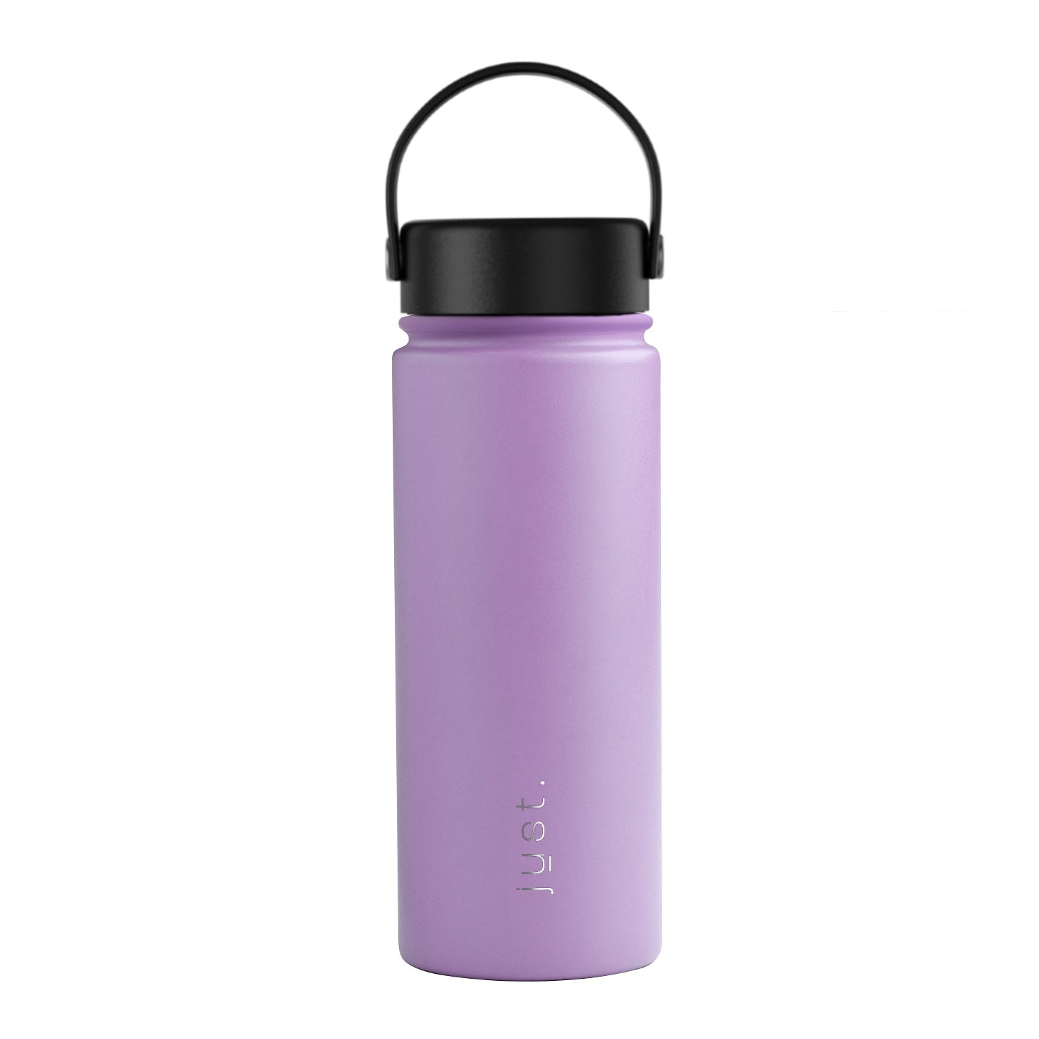 Purple water bottle with black lid on a white background