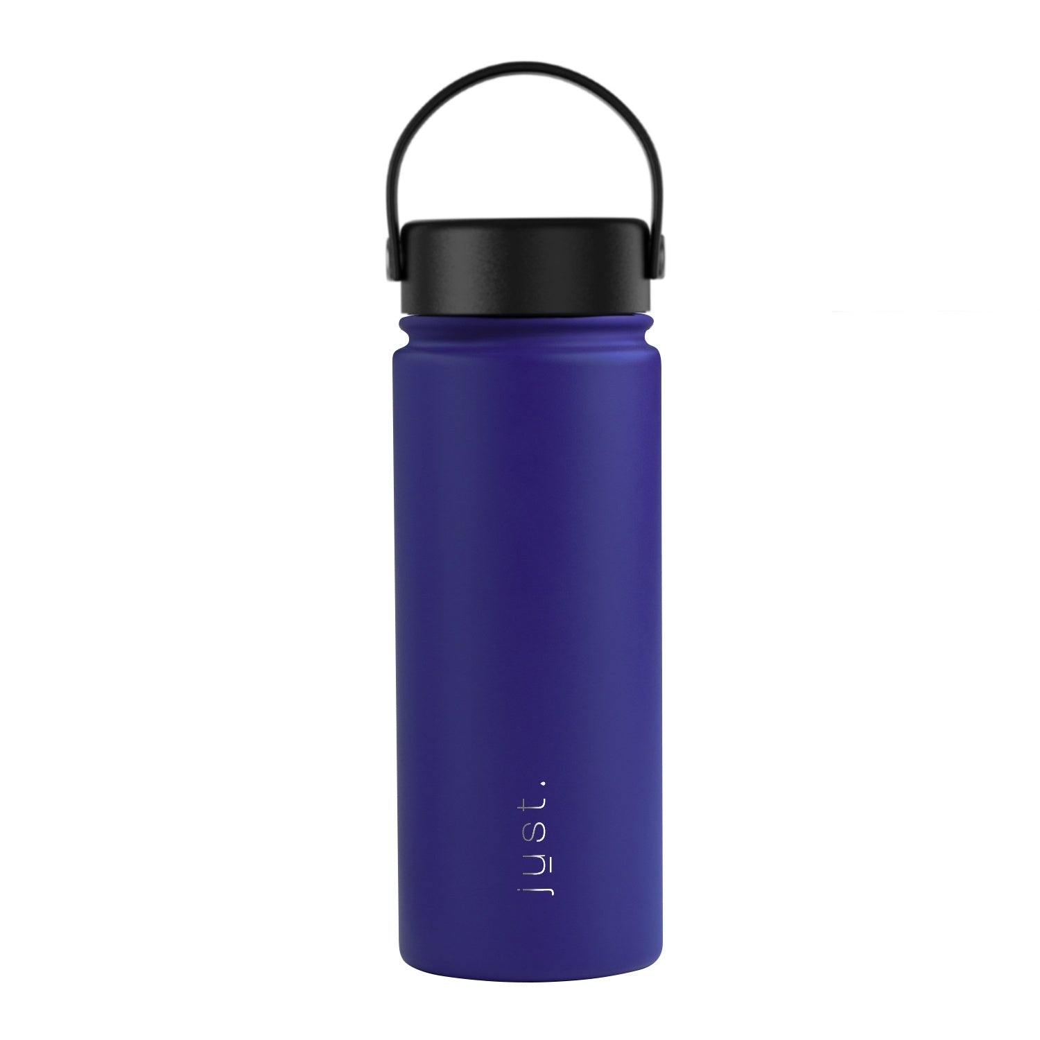 Blue water bottle with black lid on a white background