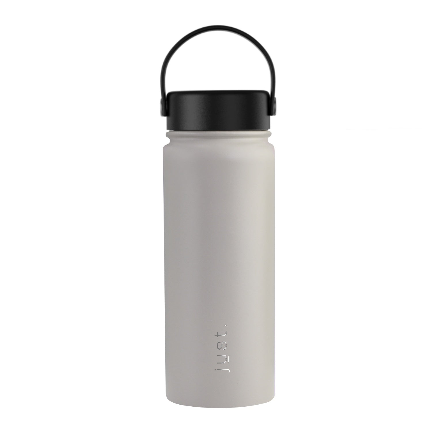 Gray water bottle with black lid on a white background