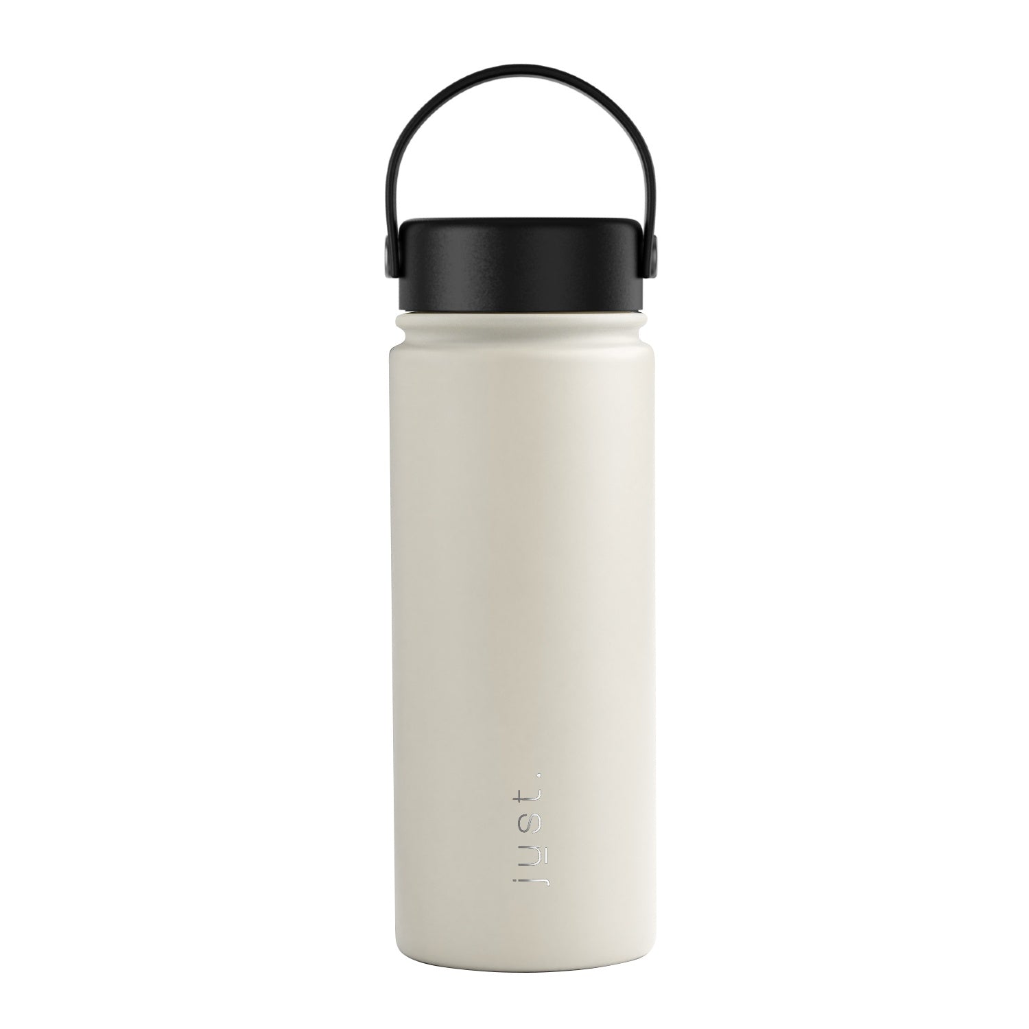 White insulated bottle with black lid on a white background