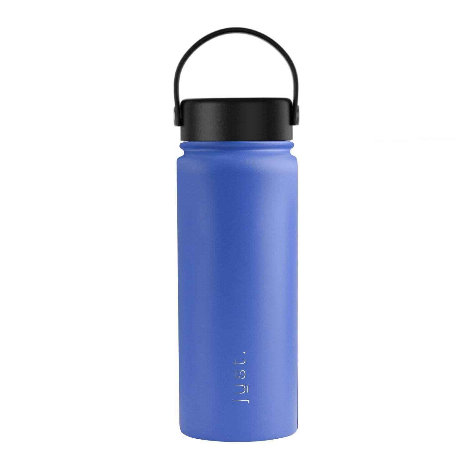 Blue water bottle with black lid on a white background