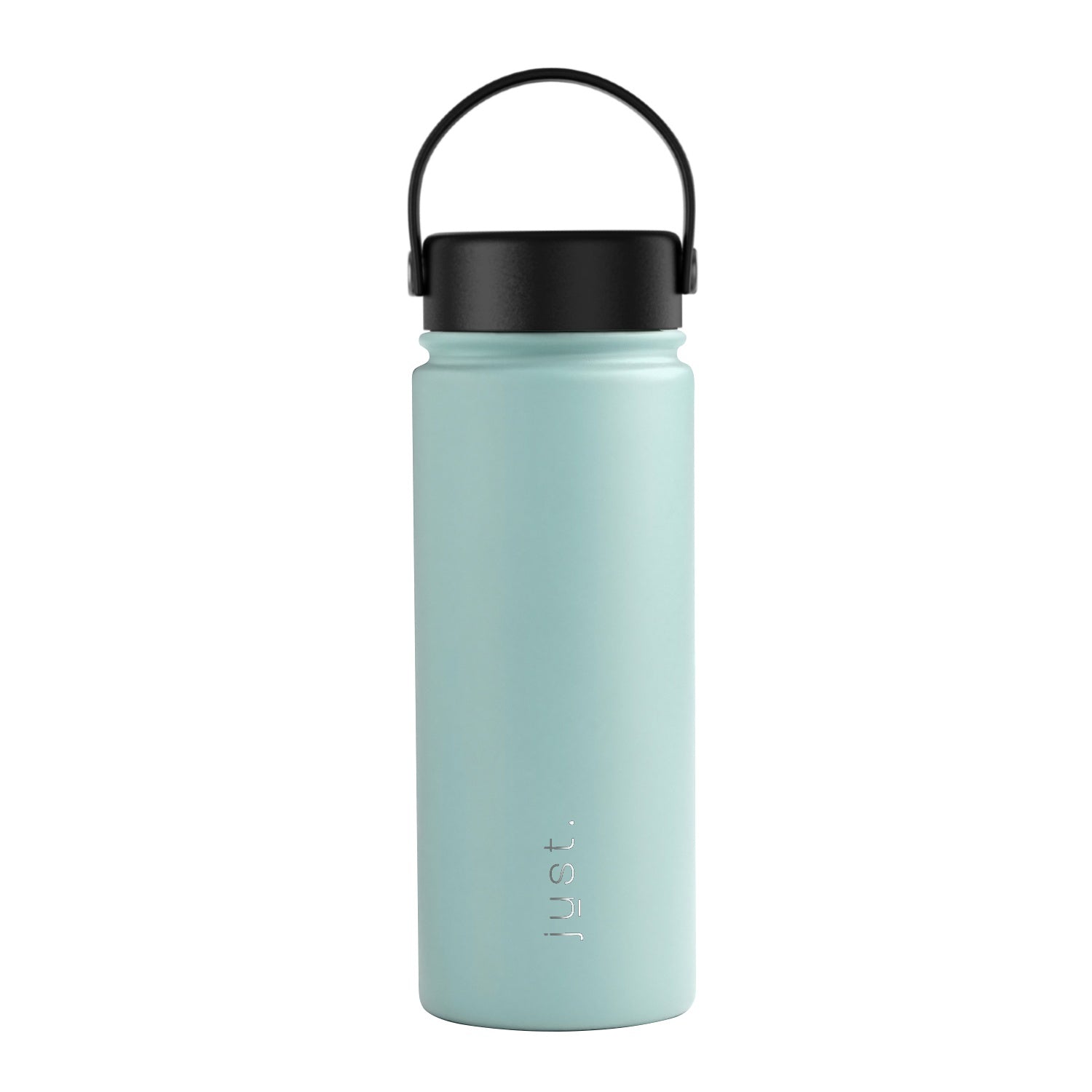 Light blue water bottle with black lid on a white background
