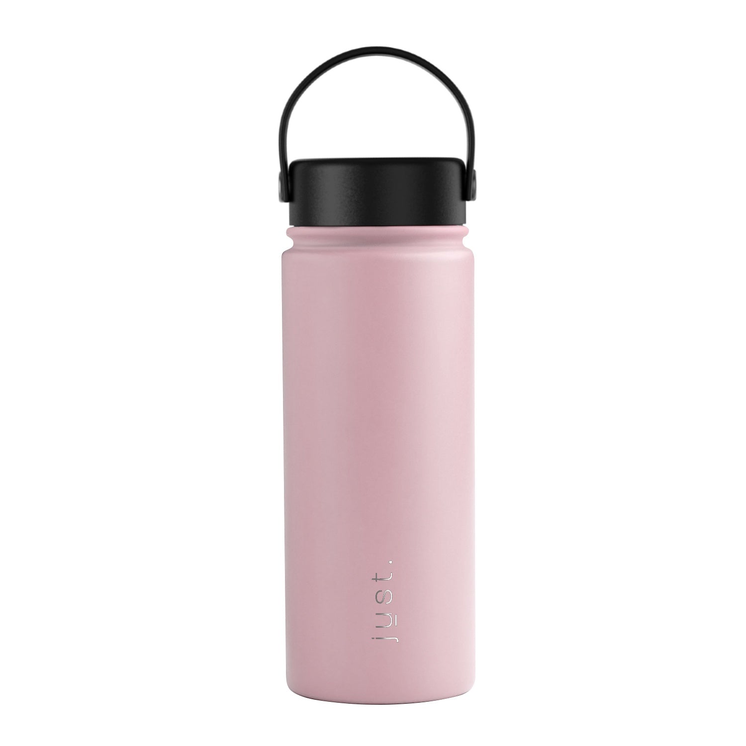 Pink water bottle with black lid on a white background