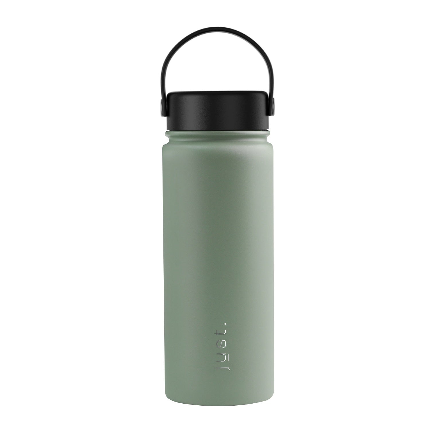 Green water bottle with black lid on a white background