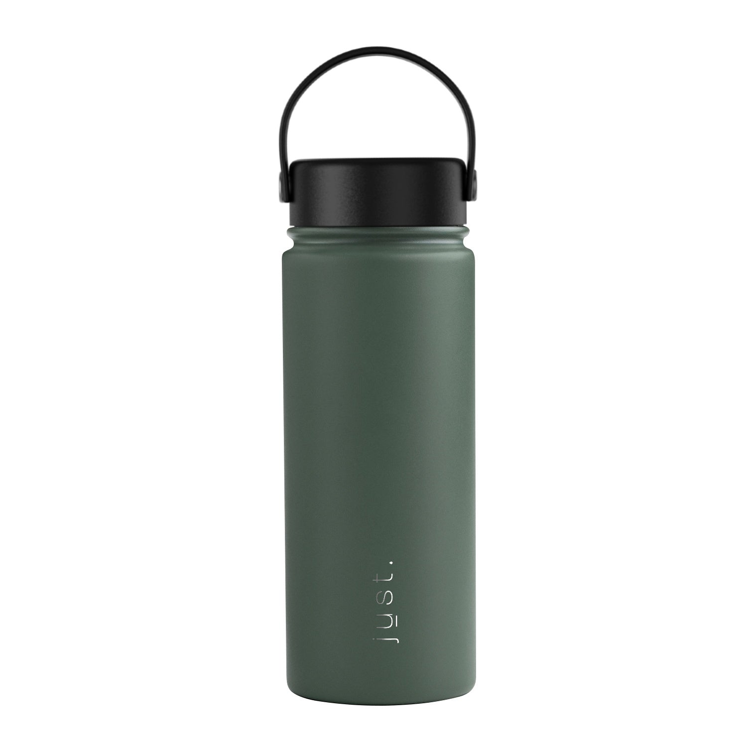 Dark green water bottle with black lid on a white background