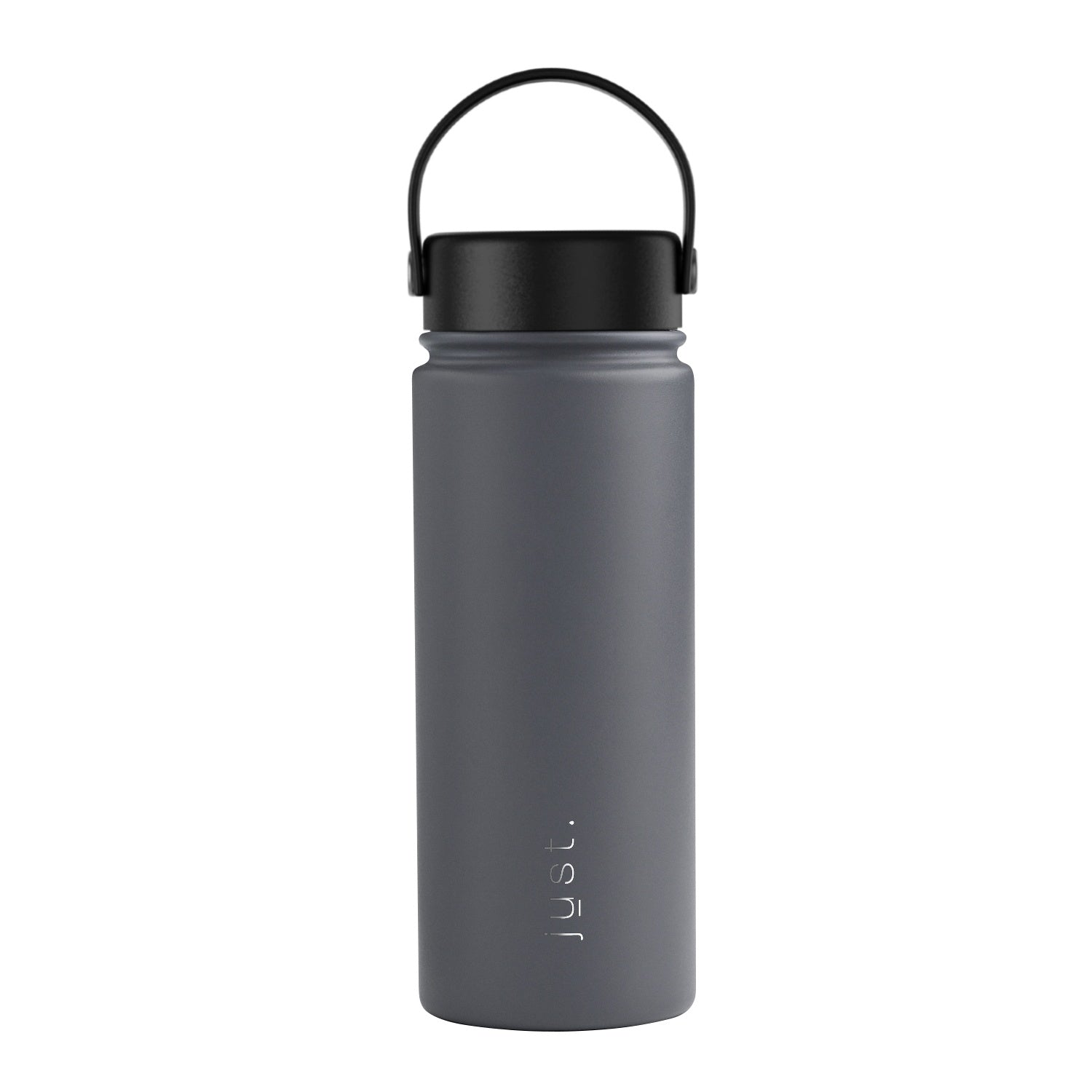 Gray water bottle with black lid on a white background