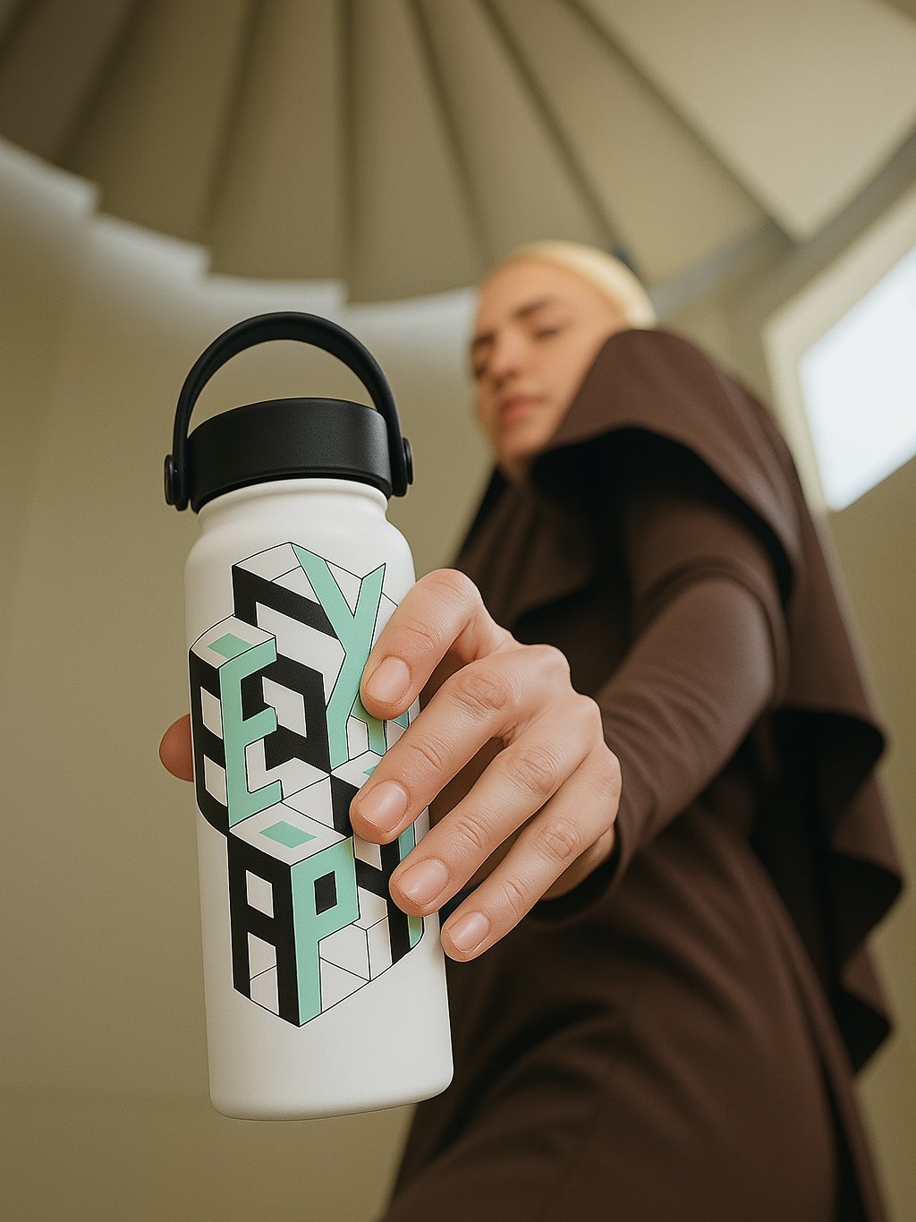 Person holding a white water bottle with geometric design and text.