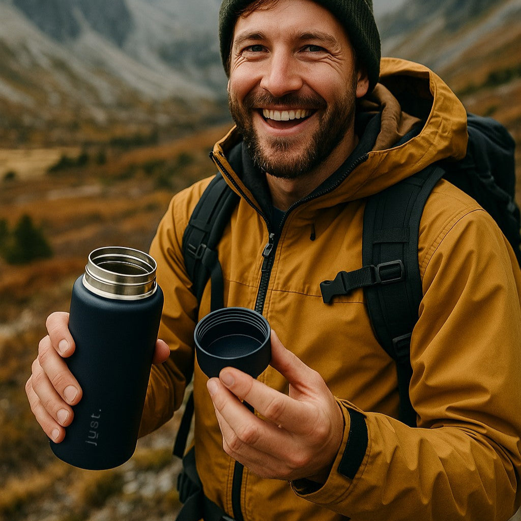 hiker with a stainless steel reusable bottle from Just Bottle