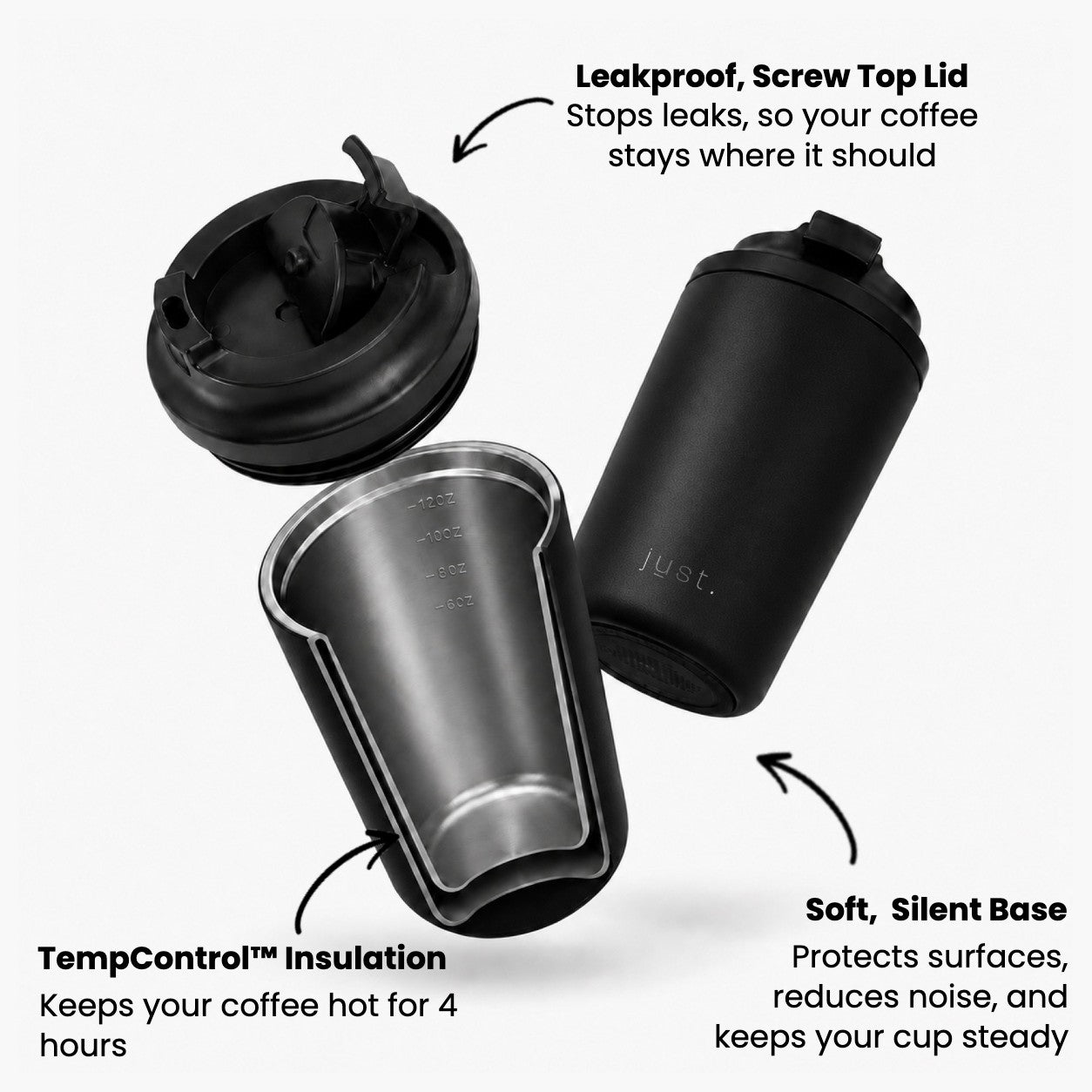 Infographic showing the features of Just Bottles Brew Cup in black
