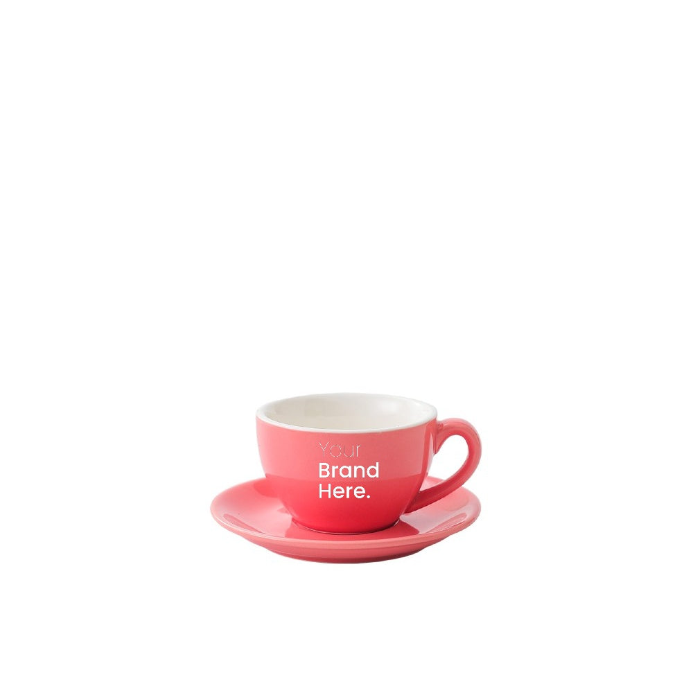 Coral 75ml espresso cup with custom logo printing and matching saucer - front view