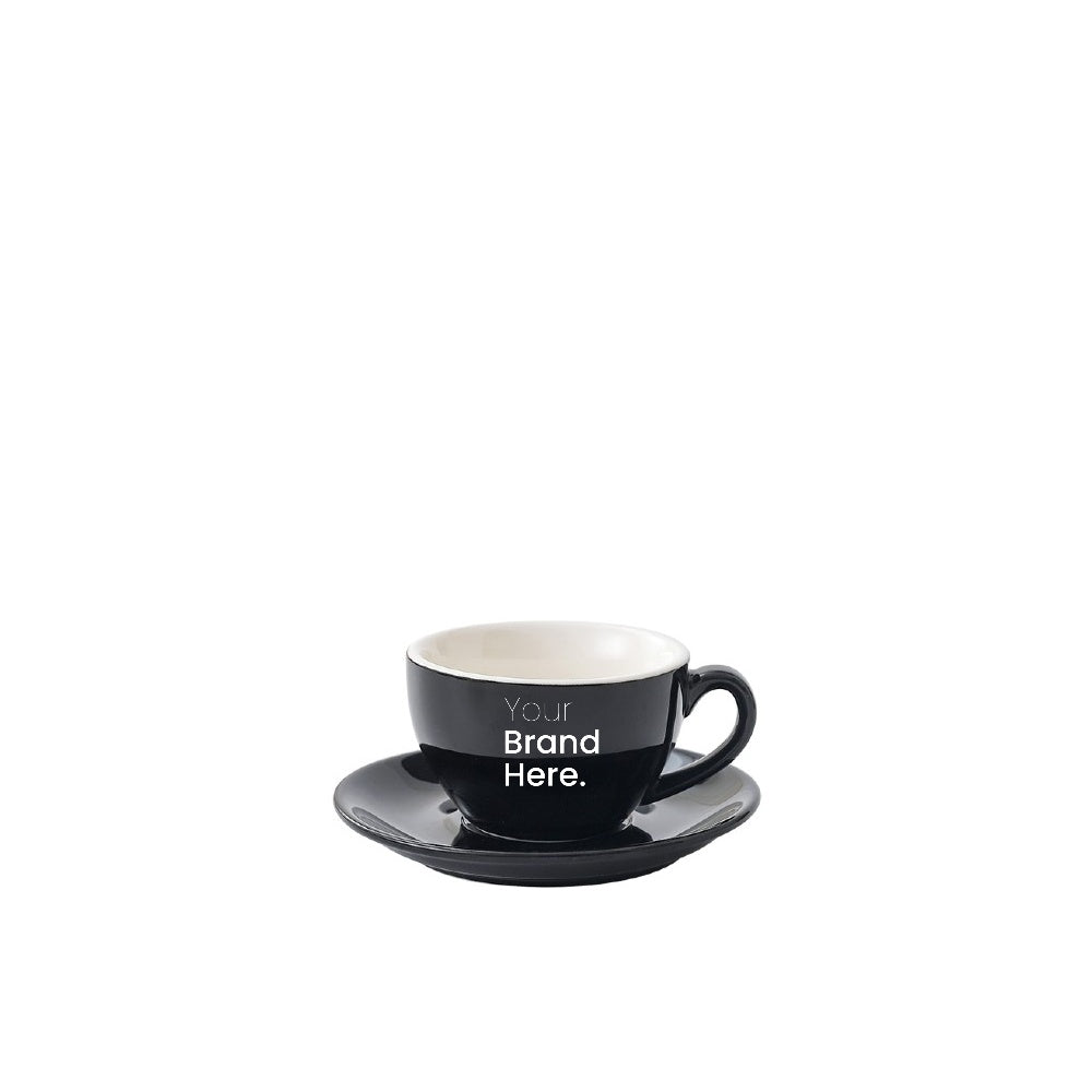 Black 75ml espresso cup with custom logo printing and matching saucer - front view
