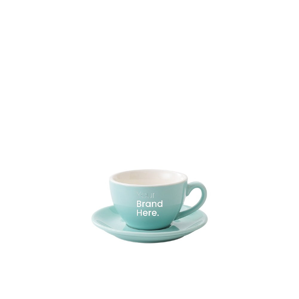 Mint green 75ml espresso cup with custom logo printing and matching saucer - front view