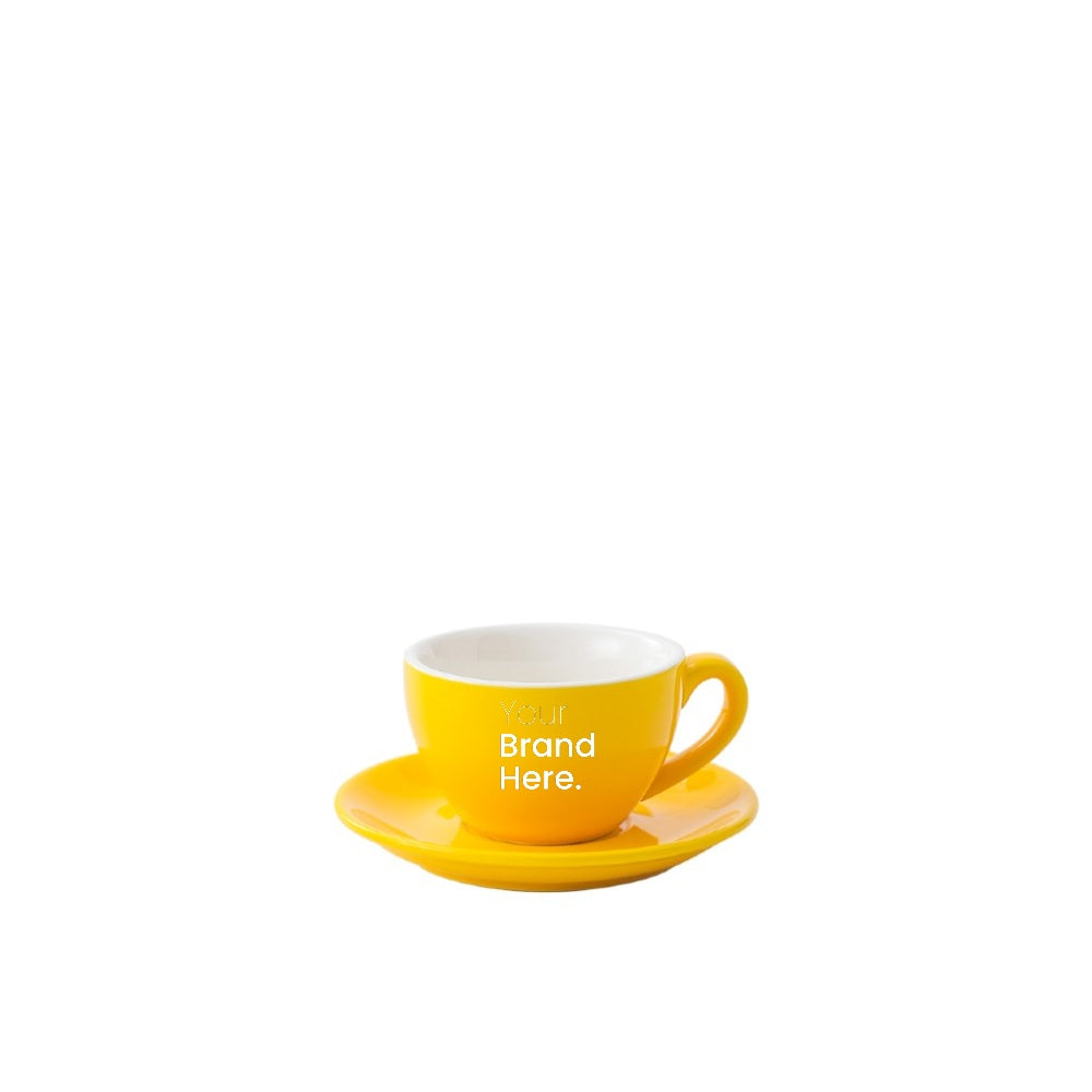 Yellow 75ml espresso cup with custom logo printing and matching saucer - front view