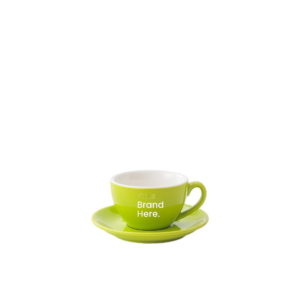 Bright green 75ml espresso cup with custom logo printing and matching saucer - front view