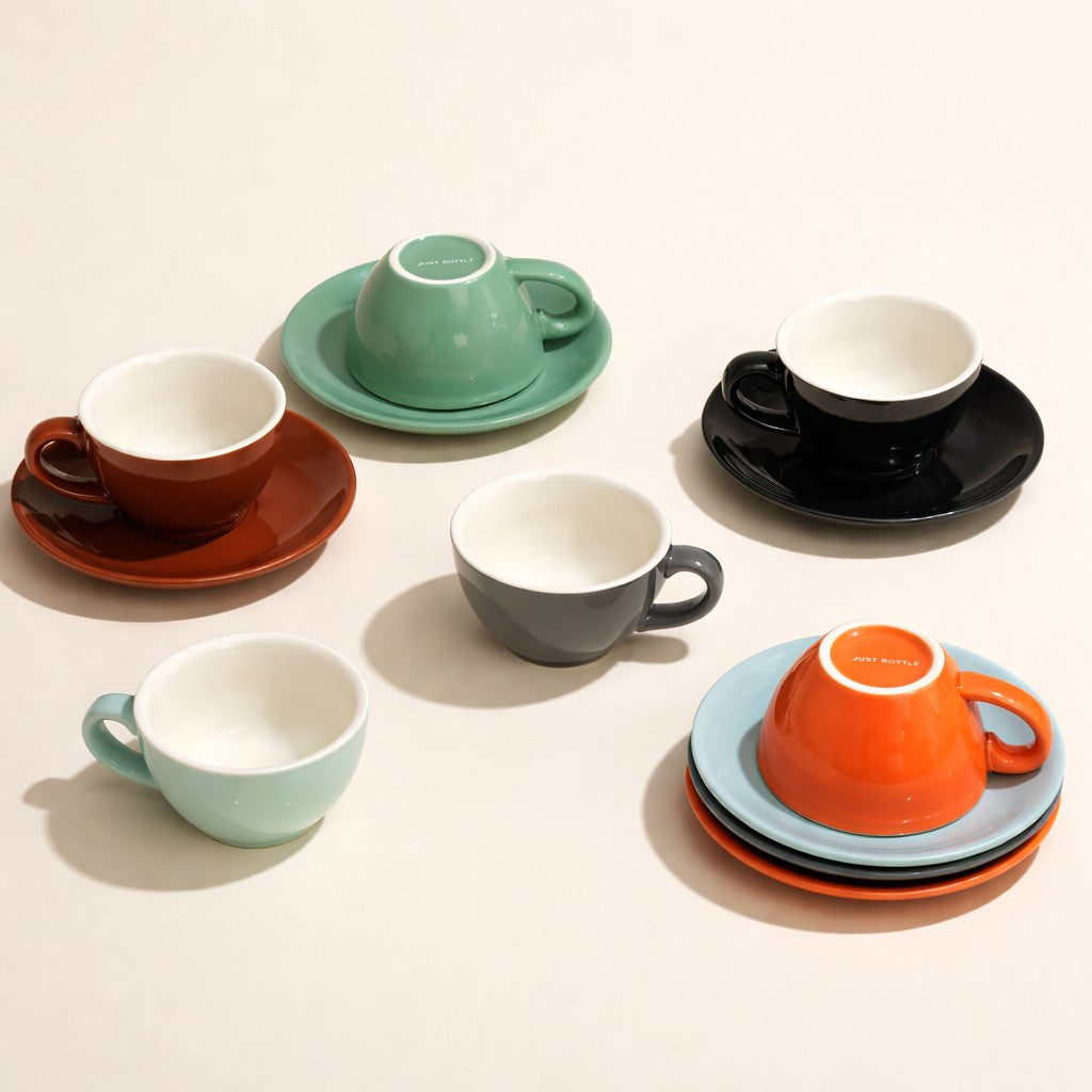 Just Bottle Ceramic coffee cups on a plain background