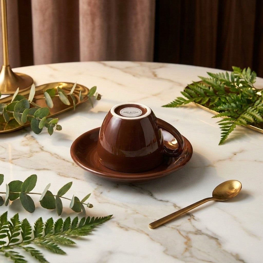 Just Bottle espresso cup and saucer on a marble table with leaves around