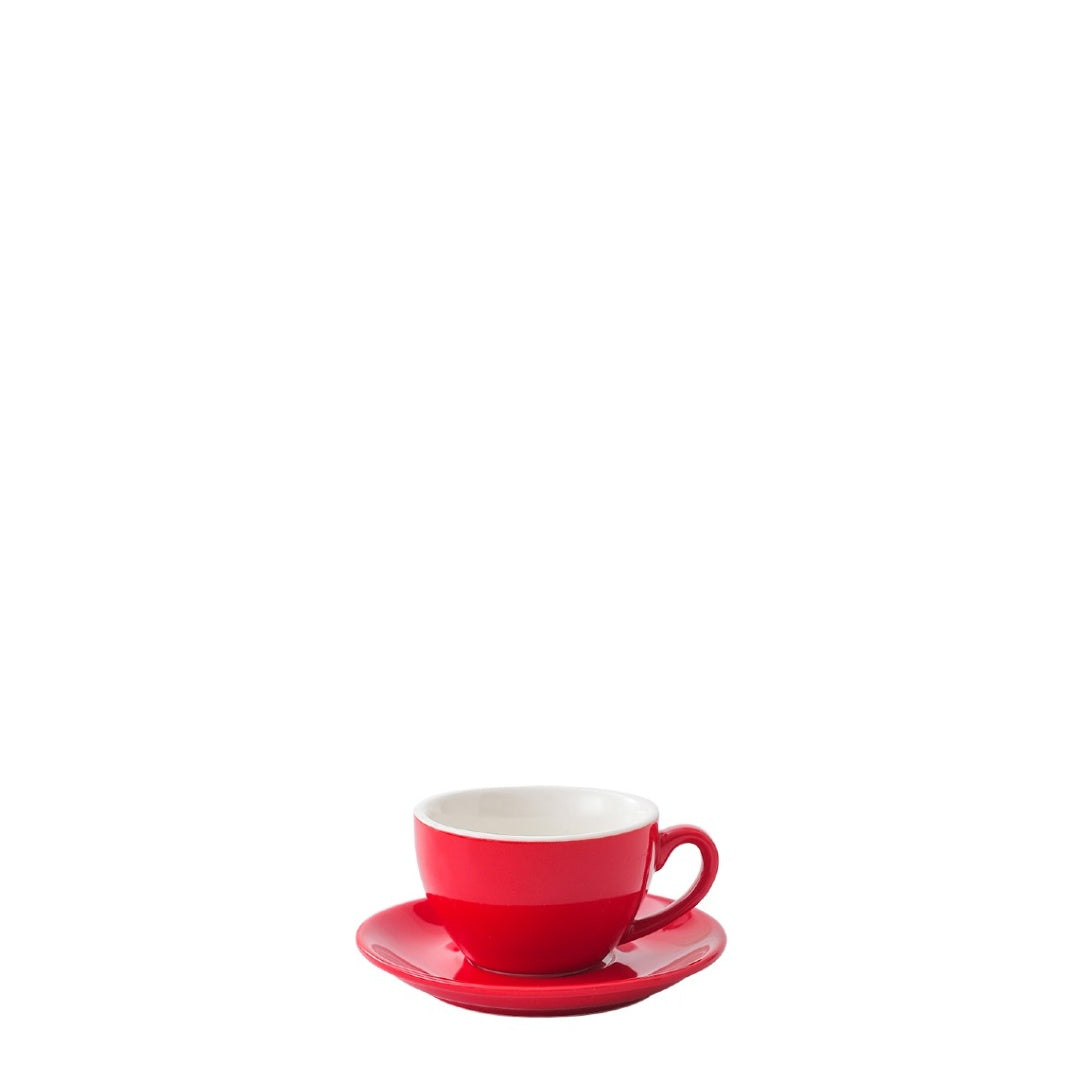 Red porcelain espresso cup and saucer on a white background, front view - Just Bottle Origin Espresso Cup