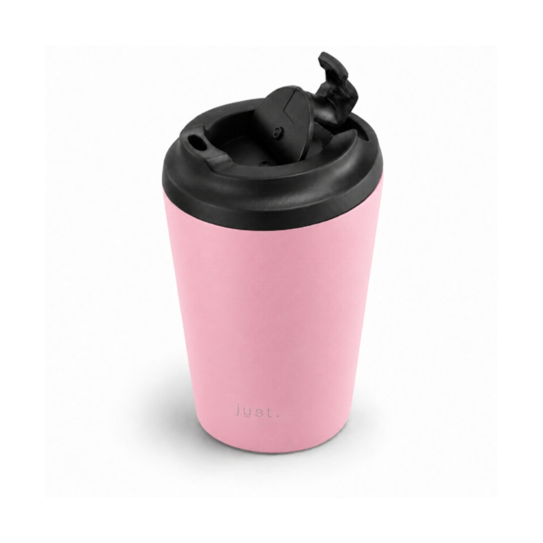 350ml (12oz) leakproof stainless steel coffee cup in pink, side angle with lid open - Just Bottle Brew Cup