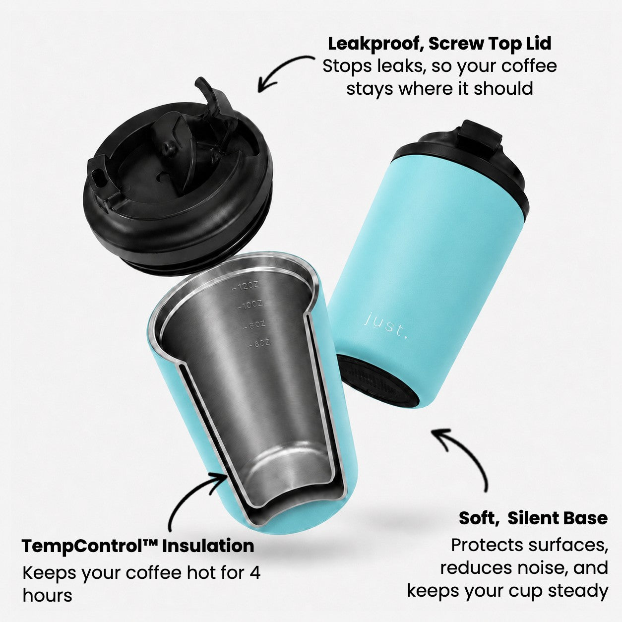Infographic showing the features of Just Bottles Brew Cup in light blue