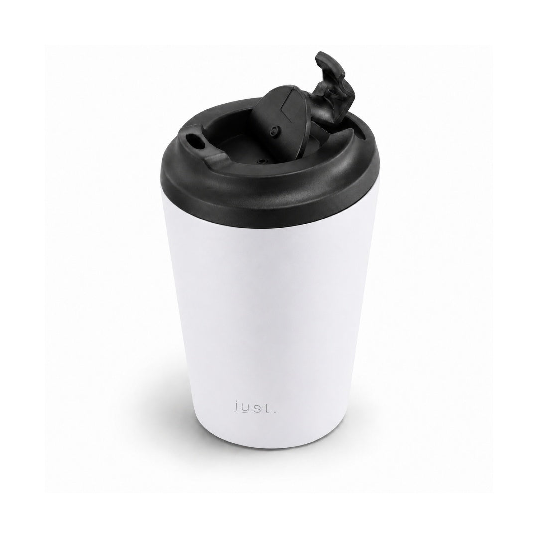350ml (12oz) leakproof stainless steel coffee cup in white, side angle with lid open - Just Bottle Brew Cup