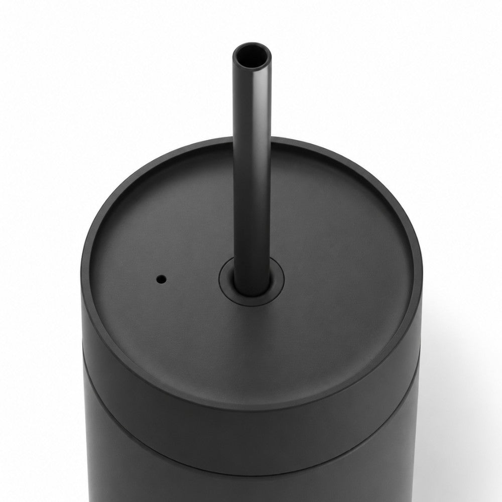close up lid details of Just Bottles custom logo stainless steel tumbler straw lid, on a white background