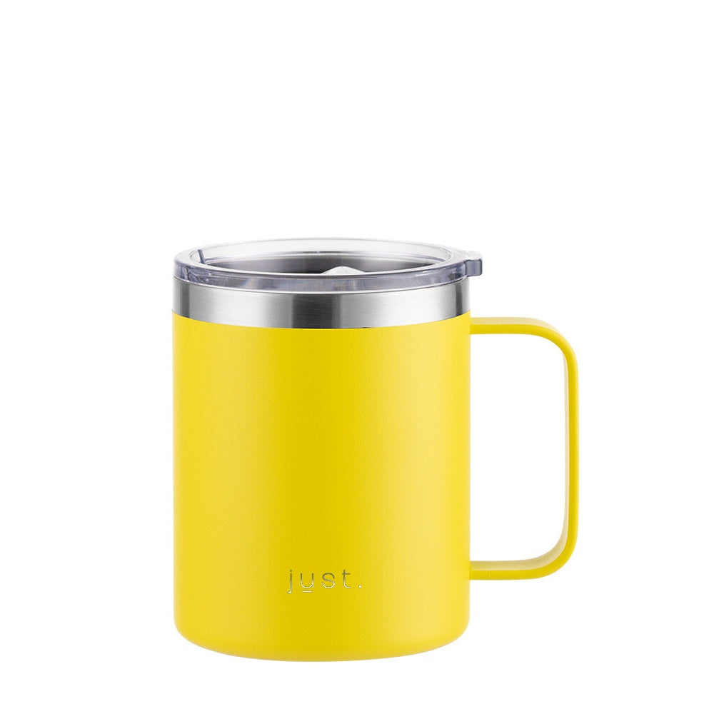 Yellow reusable stainless steel travel mug with company logo 12 oz / 355ml - Just Bottle Tall Campfire Mug