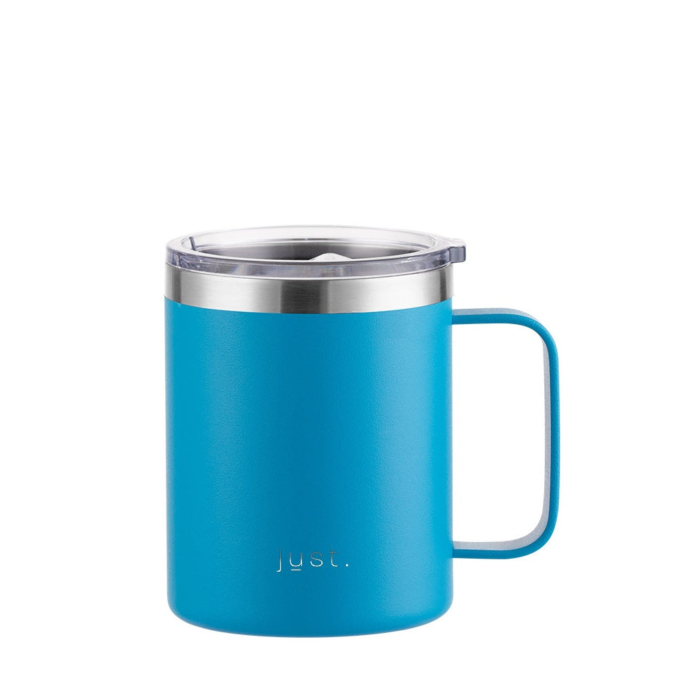 Aqua blue reusable stainless steel travel mug with company logo 12 oz / 355ml - Just Bottle Tall Campfire Mug