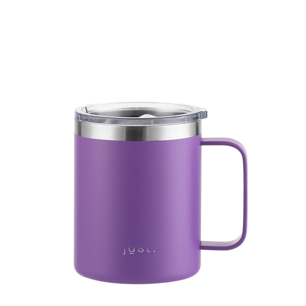 Purple reusable stainless steel travel mug with company logo 12 oz / 355ml - Just Bottle Tall Campfire Mug