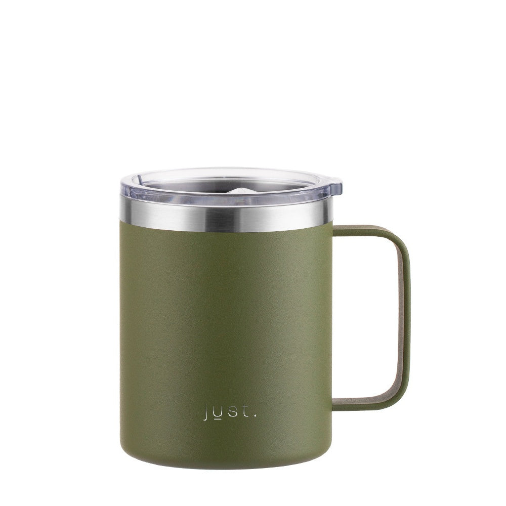Dark green reusable stainless steel travel mug with company logo 12 oz / 355ml - Just Bottle Tall Campfire Mug