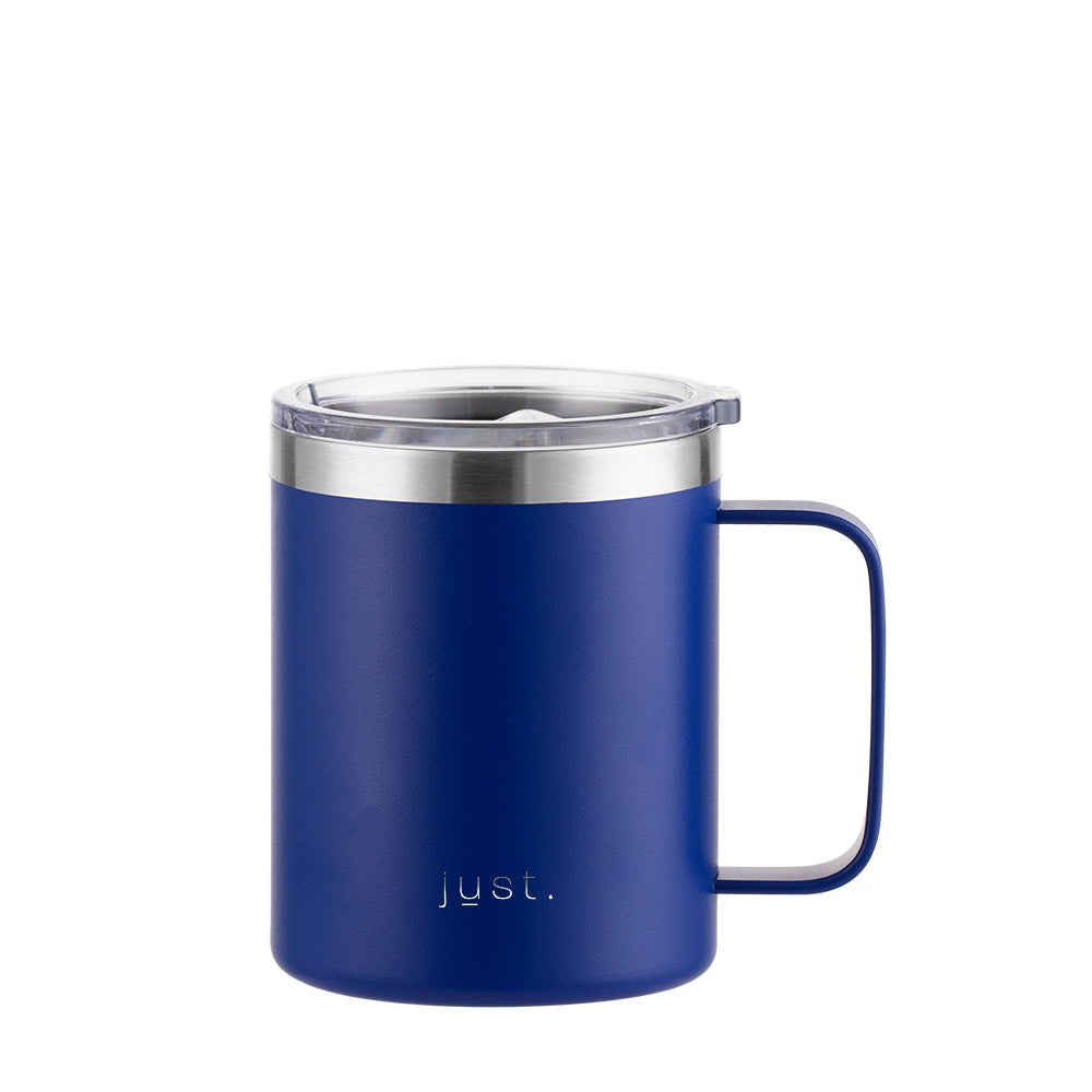 Dark blue reusable stainless steel travel mug with company logo 12 oz / 355ml - Just Bottle Tall Campfire Mug
