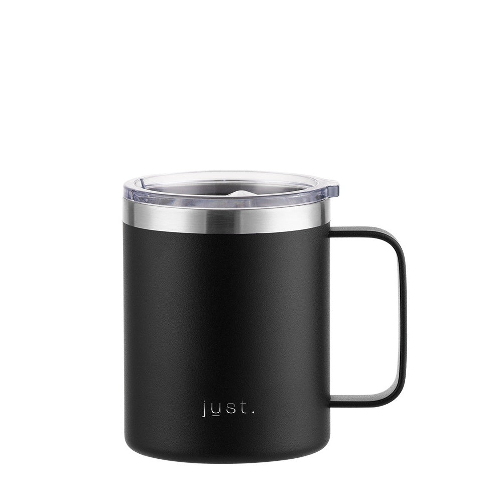 Black reusable stainless steel travel mug with company logo 12 oz / 355ml - Just Bottle Tall Campfire Mug