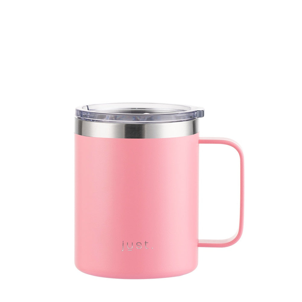 Pink reusable stainless steel travel mug with company logo 12 oz / 355ml - Just Bottle Tall Campfire Mug