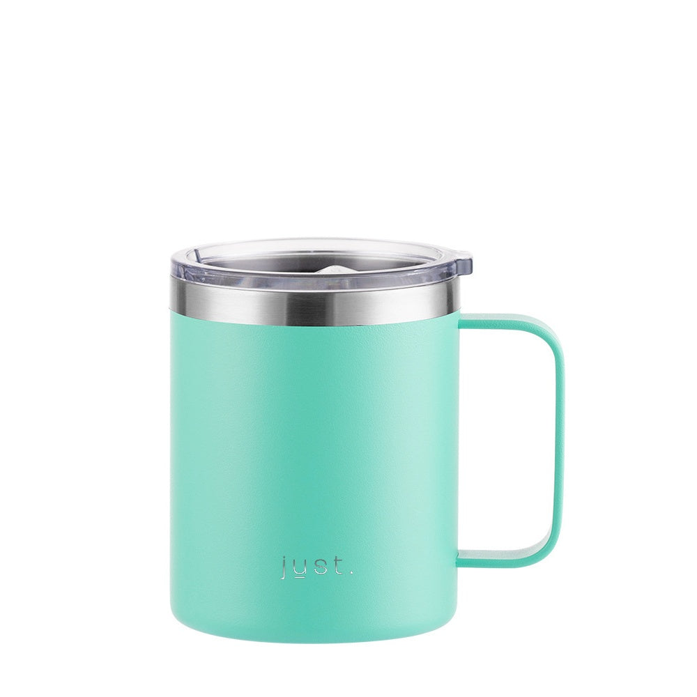 Green reusable stainless steel travel mug with company logo 12 oz / 355ml - Just Bottle Tall Campfire Mug