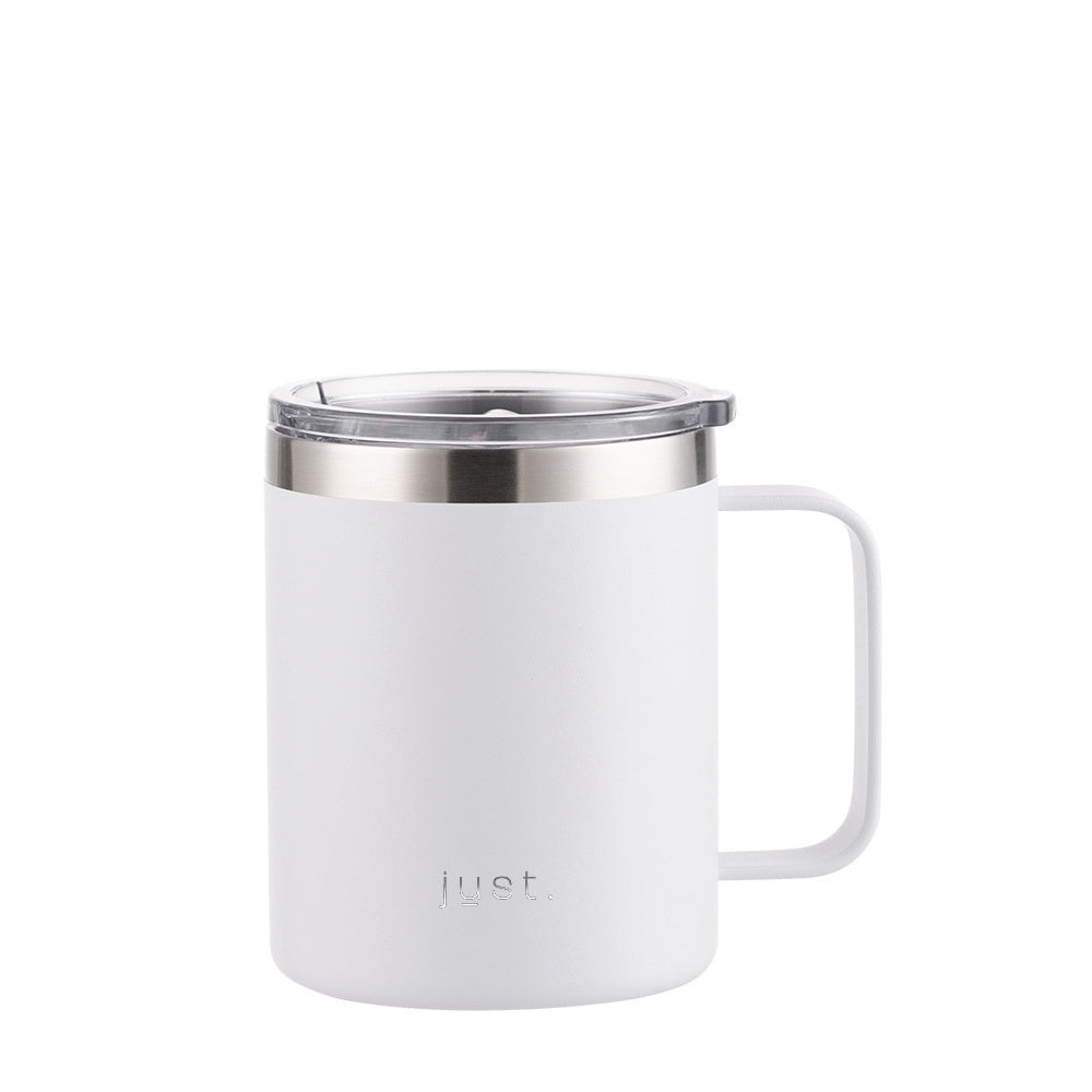 White reusable stainless steel travel mug with company logo 12 oz / 355ml - Just Bottle Tall Campfire Mug
