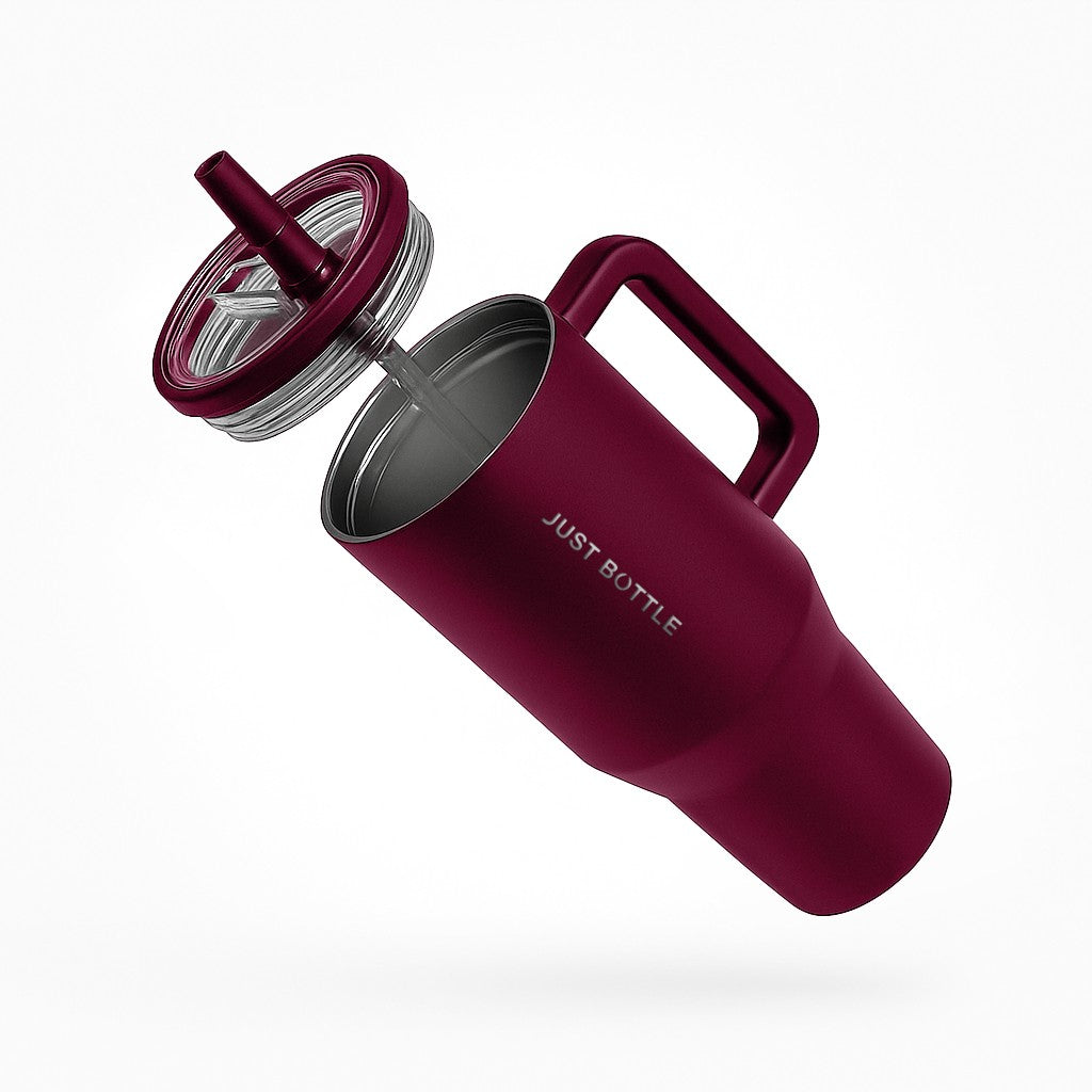 40oz insulated tumbler with straw lid side view in red