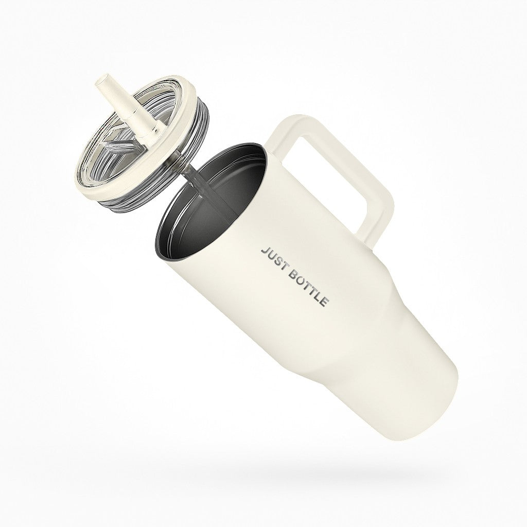 40oz insulated tumbler with straw lid side view in white