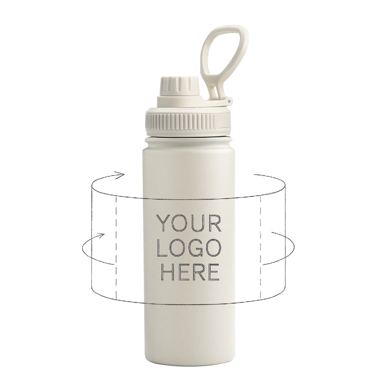 company logo water bottle with handle in cream