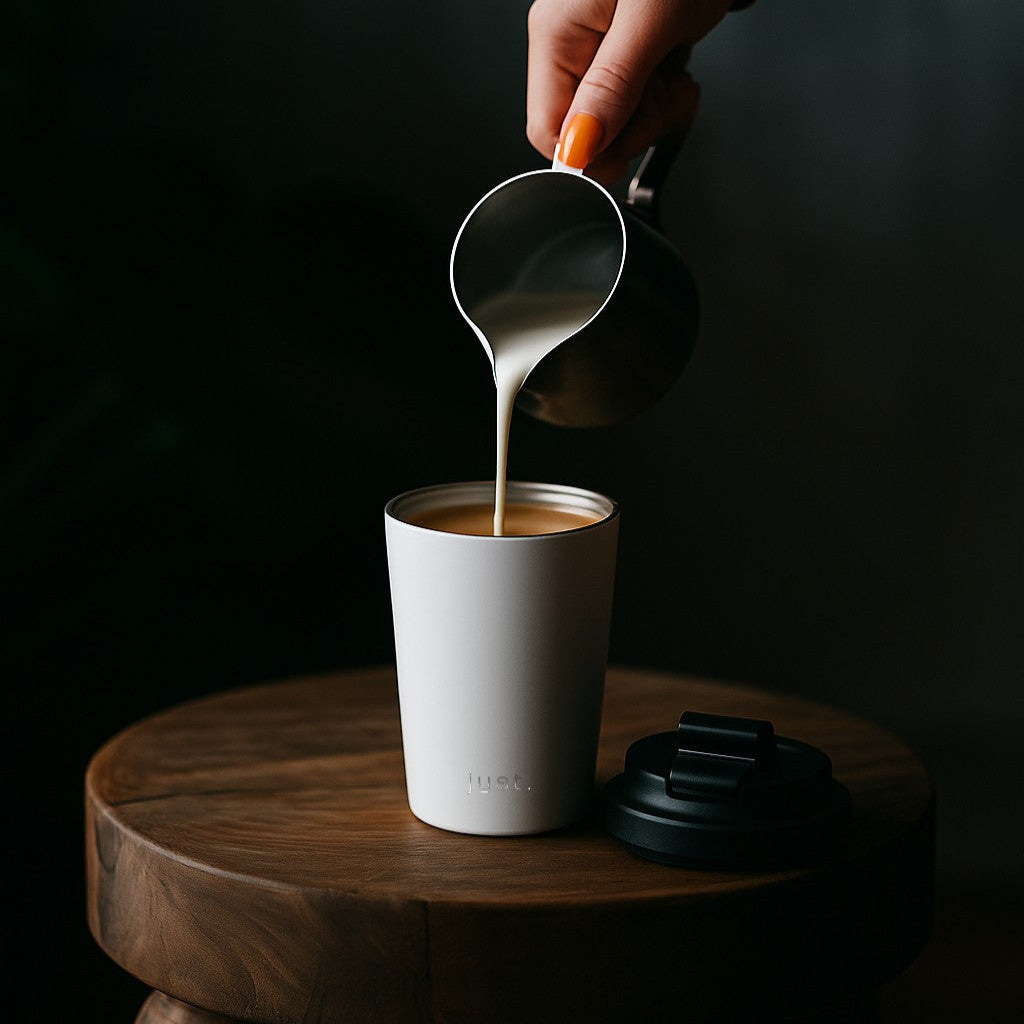 Brew Cup reusable coffee cup in white with coffee being poured in