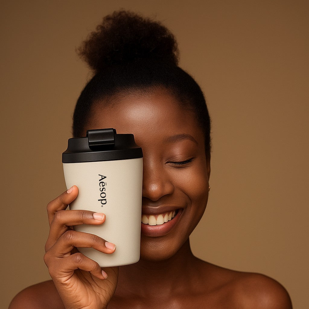 reusable coffee mug in white with aesop logo