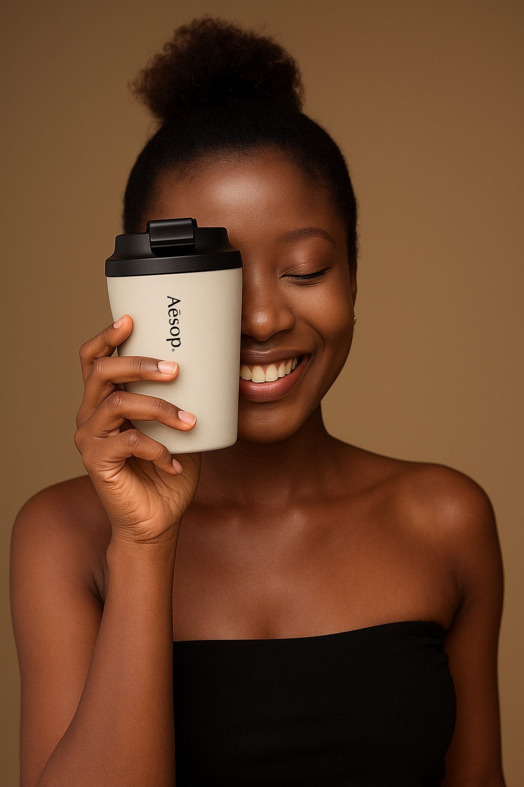 Woman holding a coffee cup with a Aesop logo against a brown background