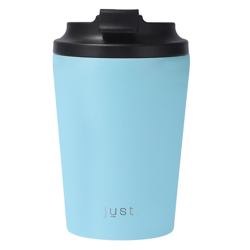 reusable coffee mug with business logo in light blue